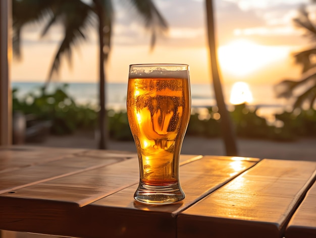 Um copo de cerveja em uma mesa