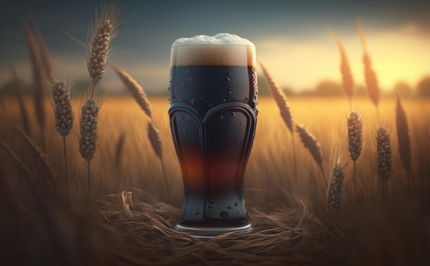 Um copo de cerveja escura sobre uma mesa em um campo de trigo. ai gerado