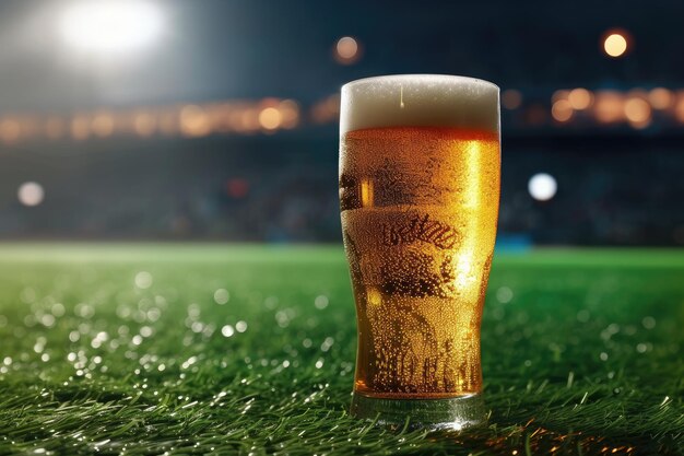 Foto um copo de cerveja fresca e fria no fundo de um estádio de futebol americano de rugby