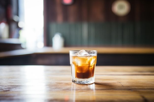 Um copo de cerveja fria com gelo numa mesa de madeira.