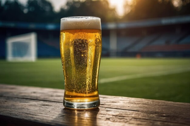 Um copo de cerveja fria com um campo de futebol desfocado ao fundo