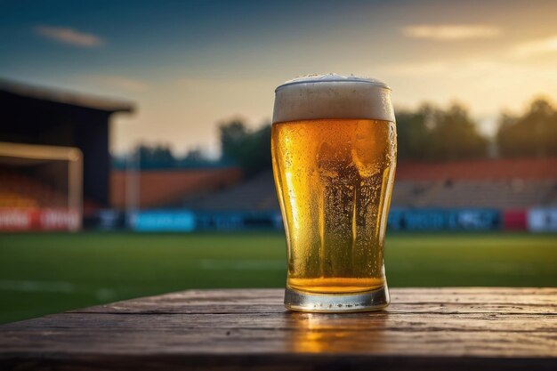 Um copo de cerveja fria com um campo de futebol desfocado ao fundo