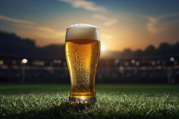 Um copo de cerveja fria com um campo de futebol desfocado ao fundo