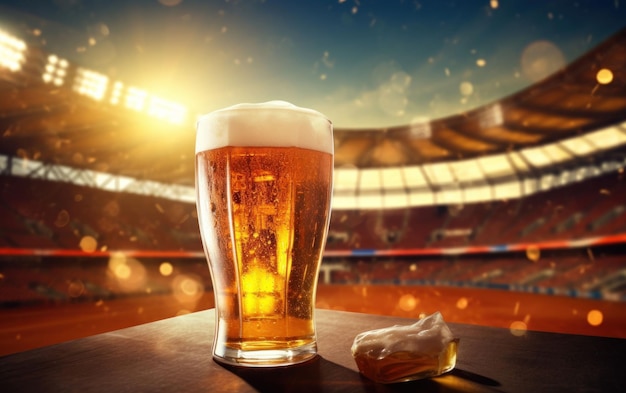 Foto um copo de cerveja fria perfeitamente arrefecida no campo de futebol.