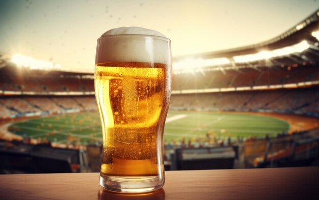 Um copo de cerveja fria perfeitamente arrefecida no campo de futebol.