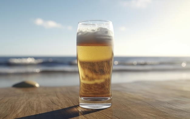 Um copo de cerveja lager na mesa em uma ilustração de cerveja leve de fundo de bar de praia de verão gerada ai