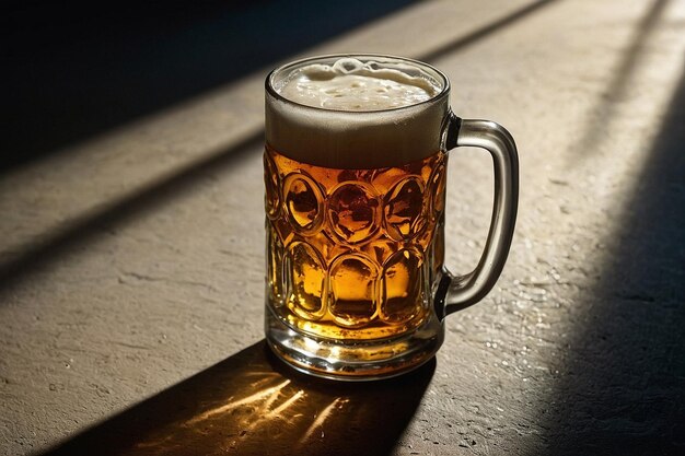 Um copo de cerveja lançando uma sombra em uma superfície texturizada