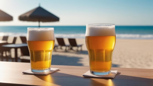 Foto um copo de cerveja na praia ao pôr-do-sol um fundo desfocado