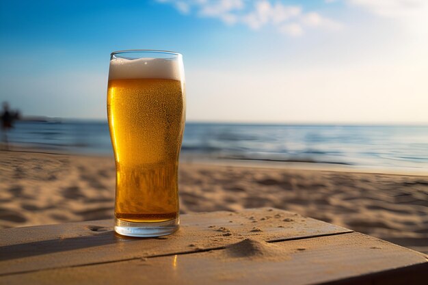 Foto um copo de cerveja no fundo do mar e litoral um copo de cerveja em uma mesa de madeira em um