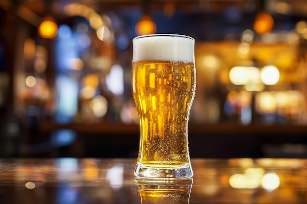 Um copo de cerveja num balcão de um bar ou restaurante