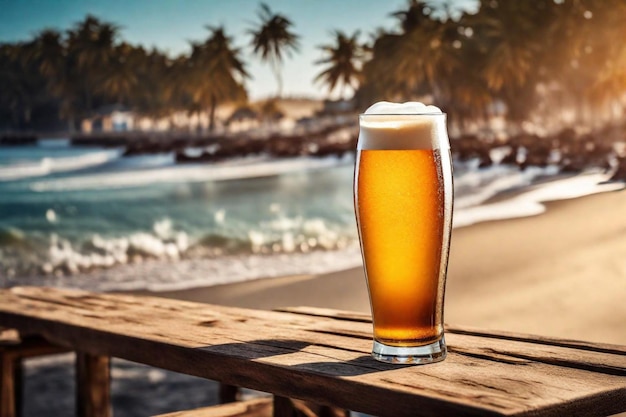 um copo de cerveja sentado em uma mesa de madeira do lado de fora