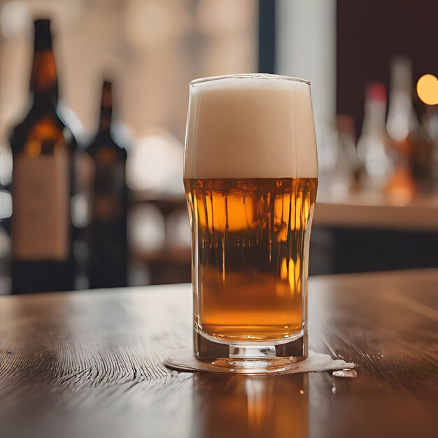 Foto um copo de cerveja sentado em uma mesa na frente de uma garrafa de cerveja