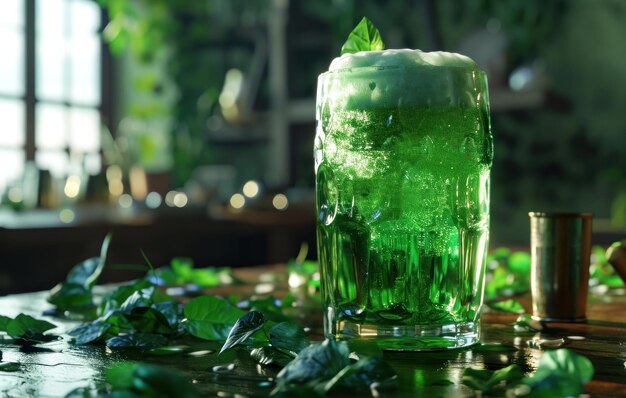 um copo de cerveja verde com algumas folhas