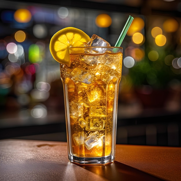 Um copo de chá gelado de laranja com um canudo verde em um balcão de bar.