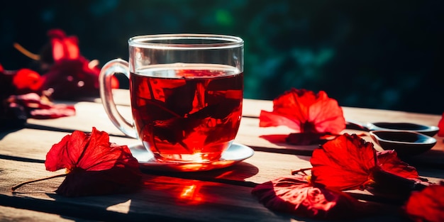 Um copo de chá vermelho está sobre uma mesa de madeira com uma flor vermelha sobre a mesa.