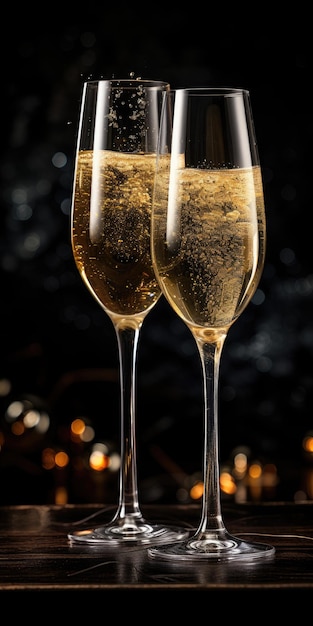 Um copo de champanhe em um fundo escuro bebida de celebração foto de alta qualidade IA geradora