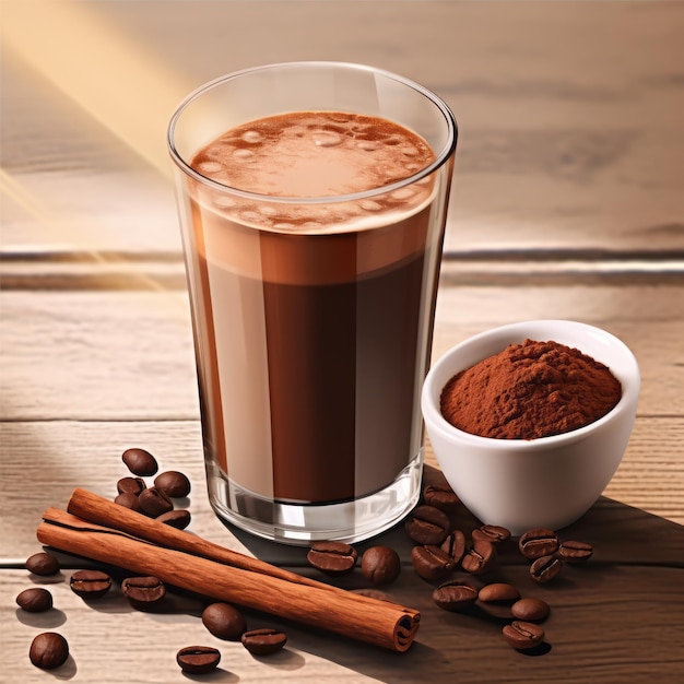 um copo de chocolate quente com canela e grãos de café sobre uma mesa de madeira