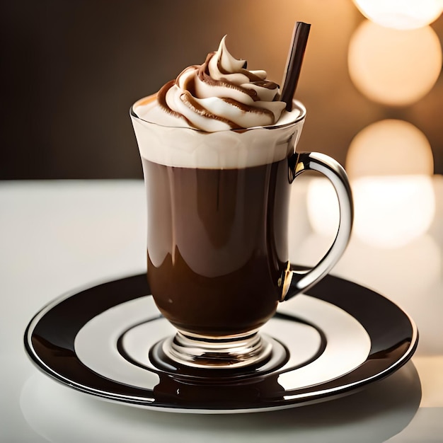 Um copo de chocolate quente com chantilly por cima.