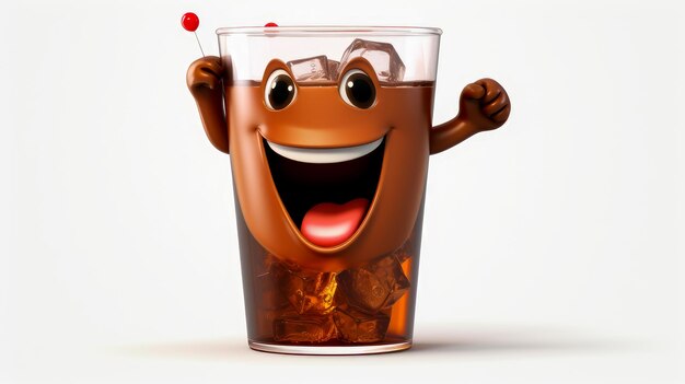 Um copo de cola com um rosto alegre 3D em um fundo branco personagens de desenhos animados tridimensional char