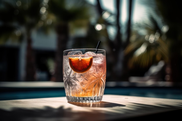 Um copo de coquetel com uma fatia de laranja na borda está sobre uma mesa de madeira ao lado de uma piscina.