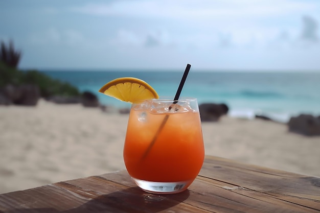 Um copo de coquetel de laranja com um canudo na mesa ao lado do oceano.