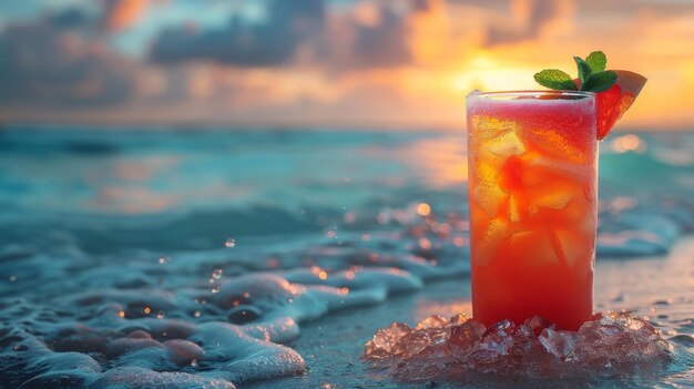 Foto um copo de coquetel tropical com gelo é colocado contra um belo pôr-do-sol do oceano ondas tocando suavemente a costa