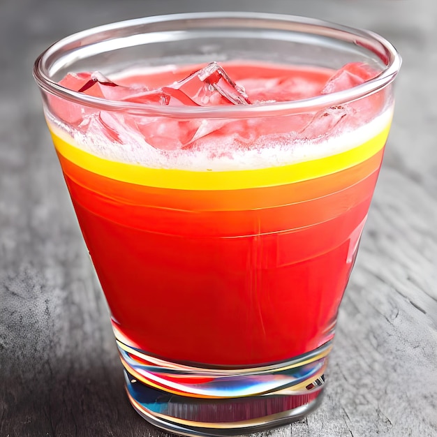 Um copo de coquetel vermelho e amarelo com cubos de gelo em uma mesa de madeira