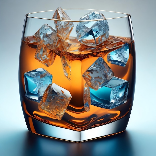 Um copo de cubos de gelo com fundo azul