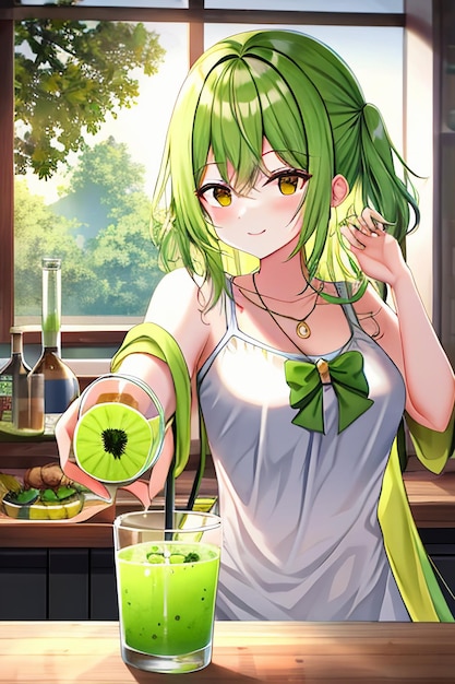 Foto um copo de deliciosa bebida de kiwi verde na mesa da cozinha