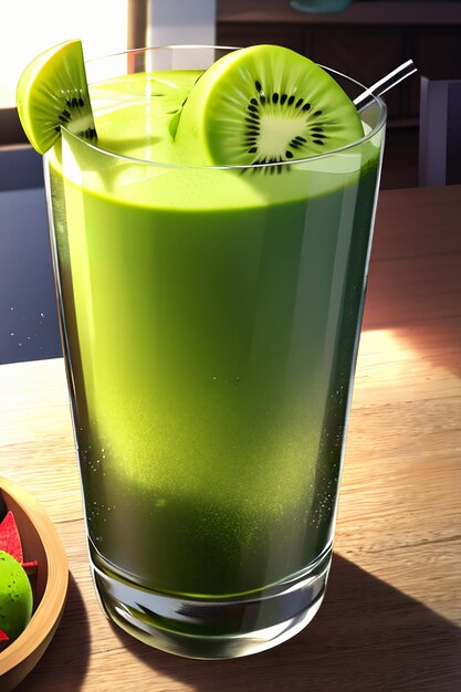 Um copo de deliciosa bebida de kiwi verde na mesa da cozinha