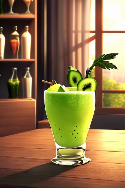 Um copo de deliciosa bebida de kiwi verde na mesa da cozinha