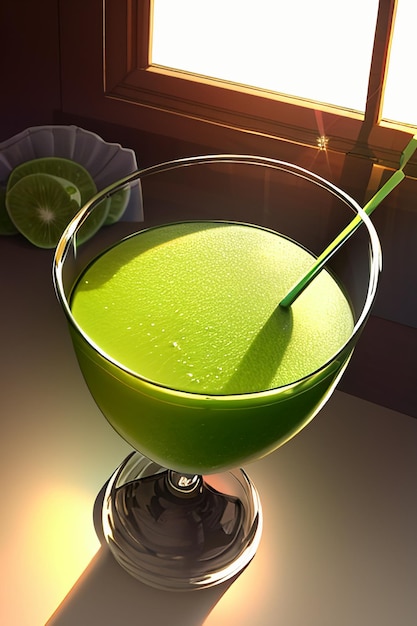 Um copo de deliciosa bebida de kiwi verde na mesa da cozinha