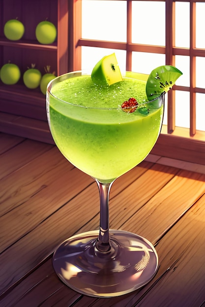 Um copo de deliciosa bebida de kiwi verde na mesa da cozinha