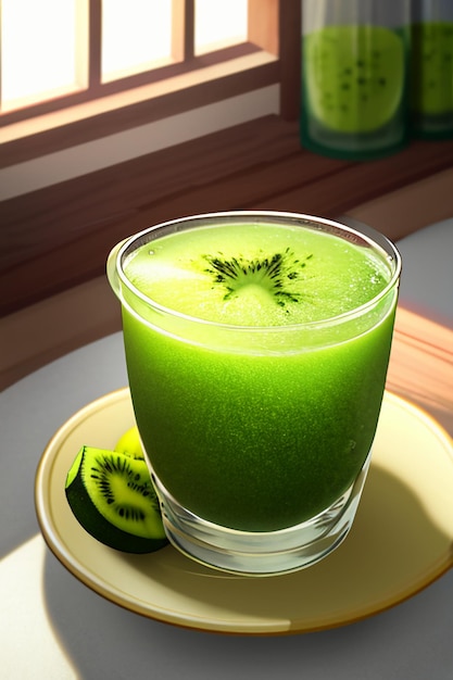 Um copo de deliciosa bebida de kiwi verde na mesa da cozinha