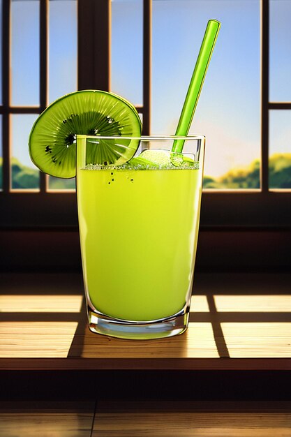 Foto um copo de delicioso suco de kiwi verde na mesa da cozinha