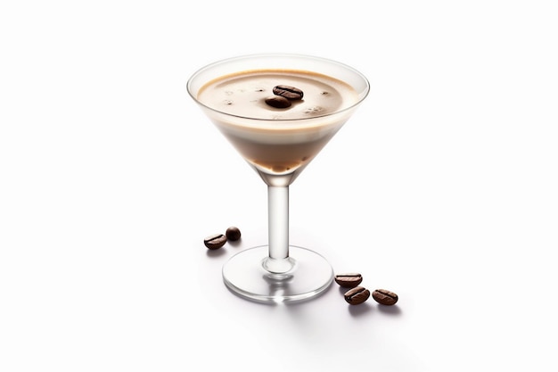 Um copo de espresso martini com grãos de café ao lado.