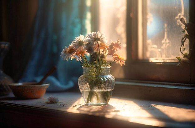 um copo de flores e uma luz solar no parapeito de uma janela