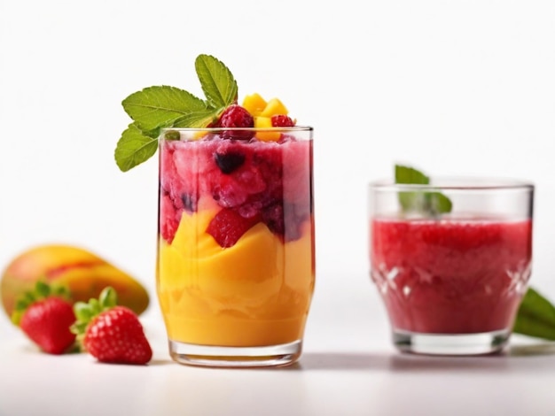 Um copo de fruta ao lado de um copo de suco e um morango