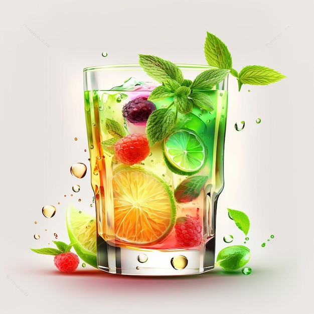 Um copo de fruta e gelo com um líquido verde e uma framboesa e menta.