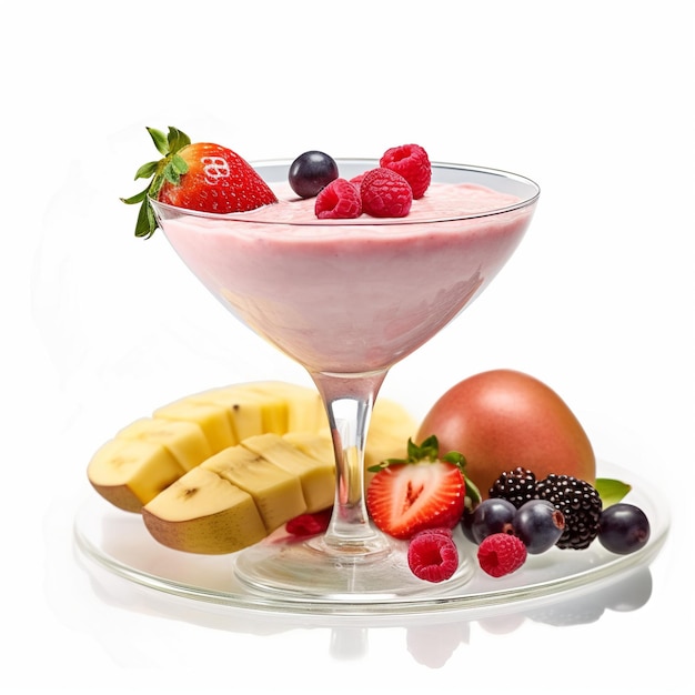 Um copo de frutas com uma tigela de frutas no fundo branco