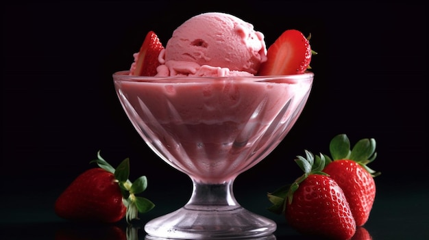 Um copo de gelado de cereja com um morango