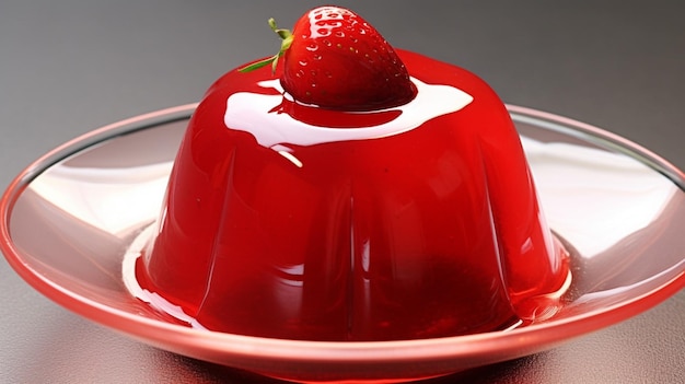 Um copo de gelatina de cereja com um morango no topo