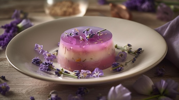 Um copo de geleia de lavanda com flores de lavanda por cima.