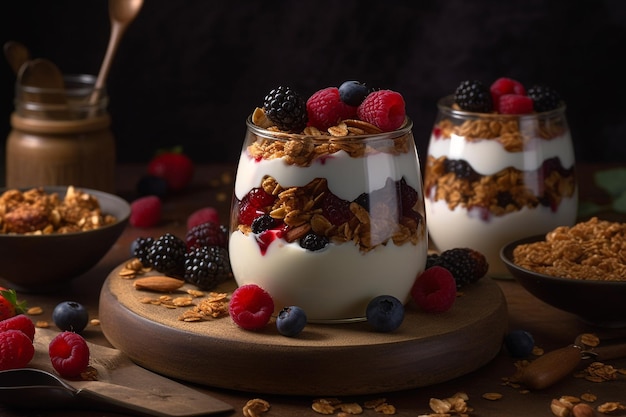 Um copo de granola com frutas sobre ele