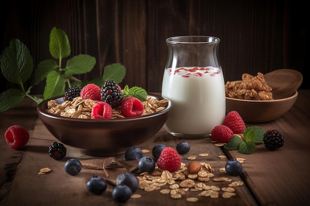 Um copo de iogurte com frutas e granola em uma mesa de madeira