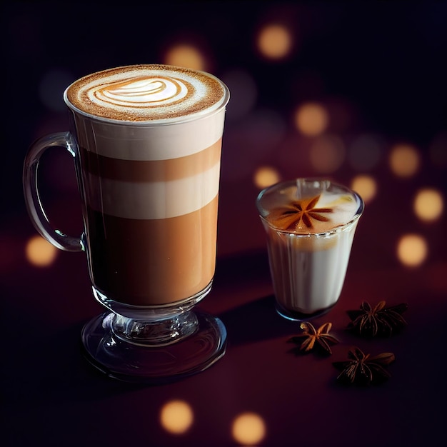 Um copo de latte picante apetitoso em um fundo desfocado festivo com efeitos de luz bokeh ilustração 3D Ai render