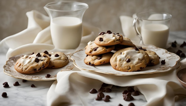 um copo de leite ao lado de um biscoito de chip de chocolate e um vidro de leite