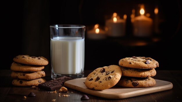 Um copo de leite ao lado de um copo de açúcar e biscoitos