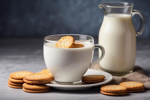 Um copo de leite com biscoitos e doces.