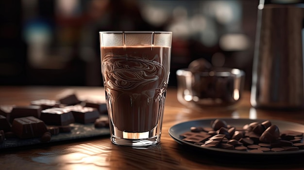 Um copo de leite com chocolate está sobre uma mesa com um prato de biscoitos e um prato de chocolates.